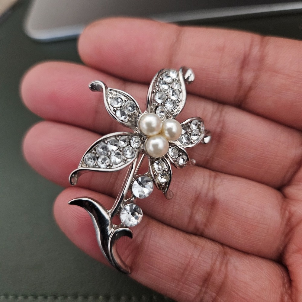 Vintage Silver Tone Faux Pearl Clear Rhinestone Flower Brooch